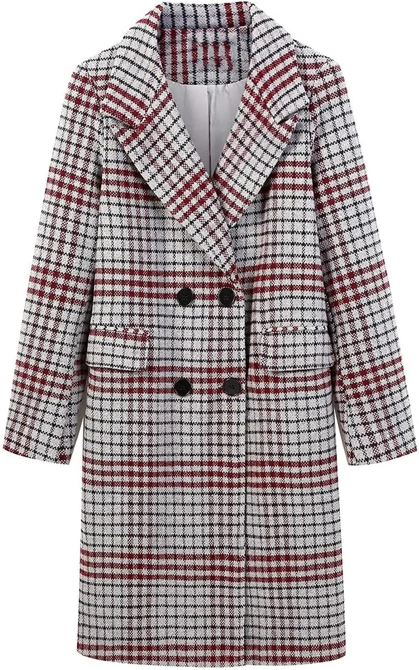 ebossy Women's Elegant Double Breasted Plaid Mid-Long Over Coat Striped Plain Wool Blend Peacoat