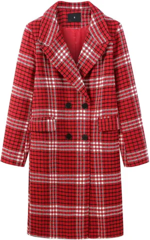 ebossy Women's Elegant Double Breasted Plaid Mid-Long Over Coat Striped Plain Wool Blend Peacoat