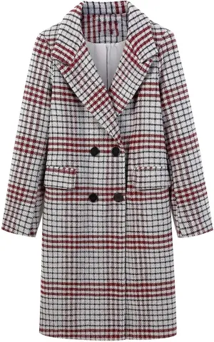 ebossy Women's Elegant Double Breasted Plaid Mid-Long Over Coat Striped Plain Wool Blend Peacoat