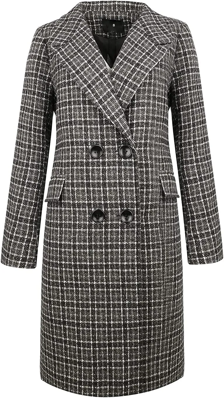 ebossy Women's Elegant Double Breasted Plaid Mid-Long Over Coat Striped Plain Wool Blend Peacoat