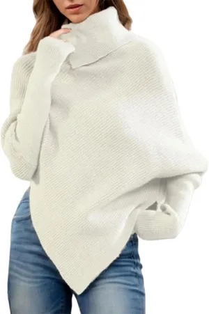 Fall Winter Outfits for Women Batwing Sleeve Turtleneck Pullover Knit Asymmetric Hem Oversized Sweaters Casual Jumper