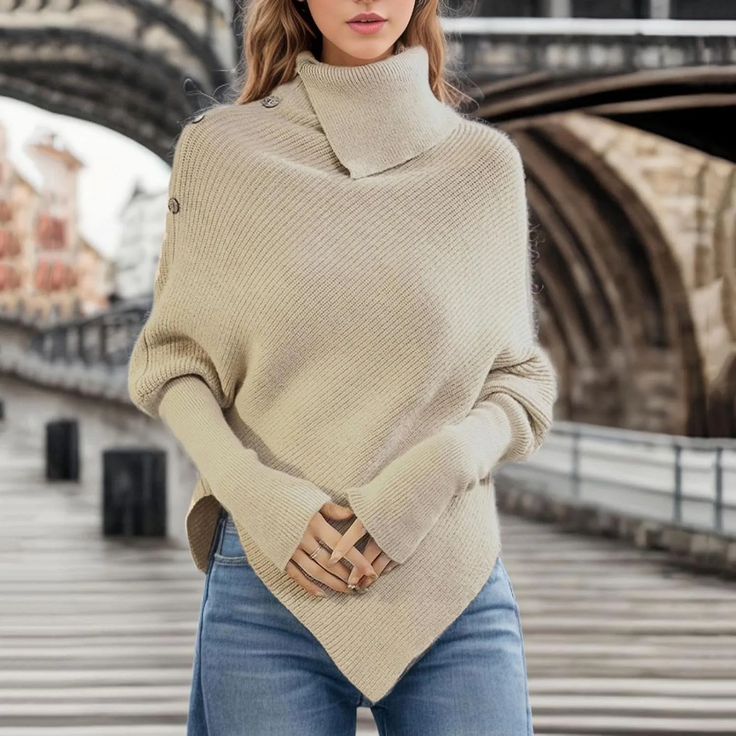 Fall Winter Outfits for Women Batwing Sleeve Turtleneck Pullover Knit Asymmetric Hem Oversized Sweaters Casual Jumper