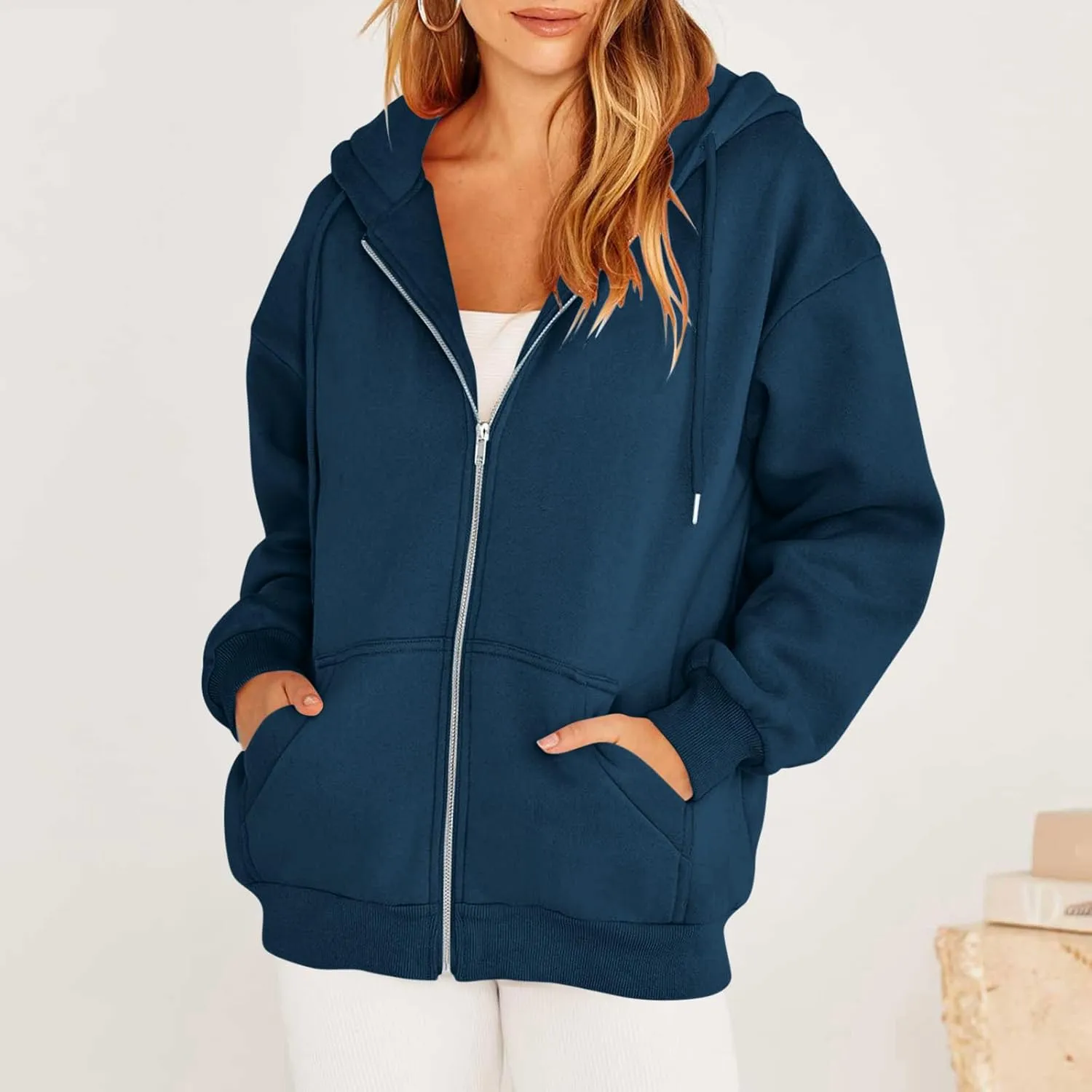 Fashion Sweatshirts for Women Zipper Open Front Y2K Hoodies Long Sleeve Fleece Pockets Hodded Sweatshirts Coats