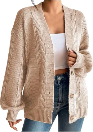 Fashion Winter Cardigans for Womens Long Sleeves Cable Knit Sweater Classic Button Up Cardigan Sweater Loose Fit Coat