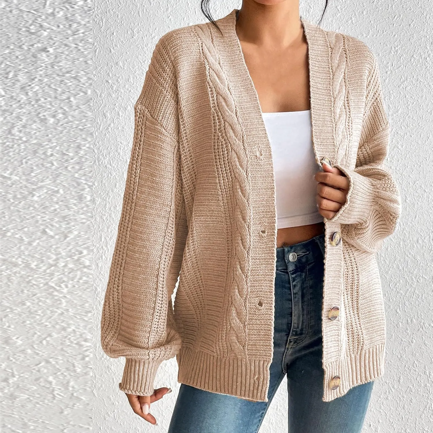 Fashion Winter Cardigans for Womens Long Sleeves Cable Knit Sweater Classic Button Up Cardigan Sweater Loose Fit Coat
