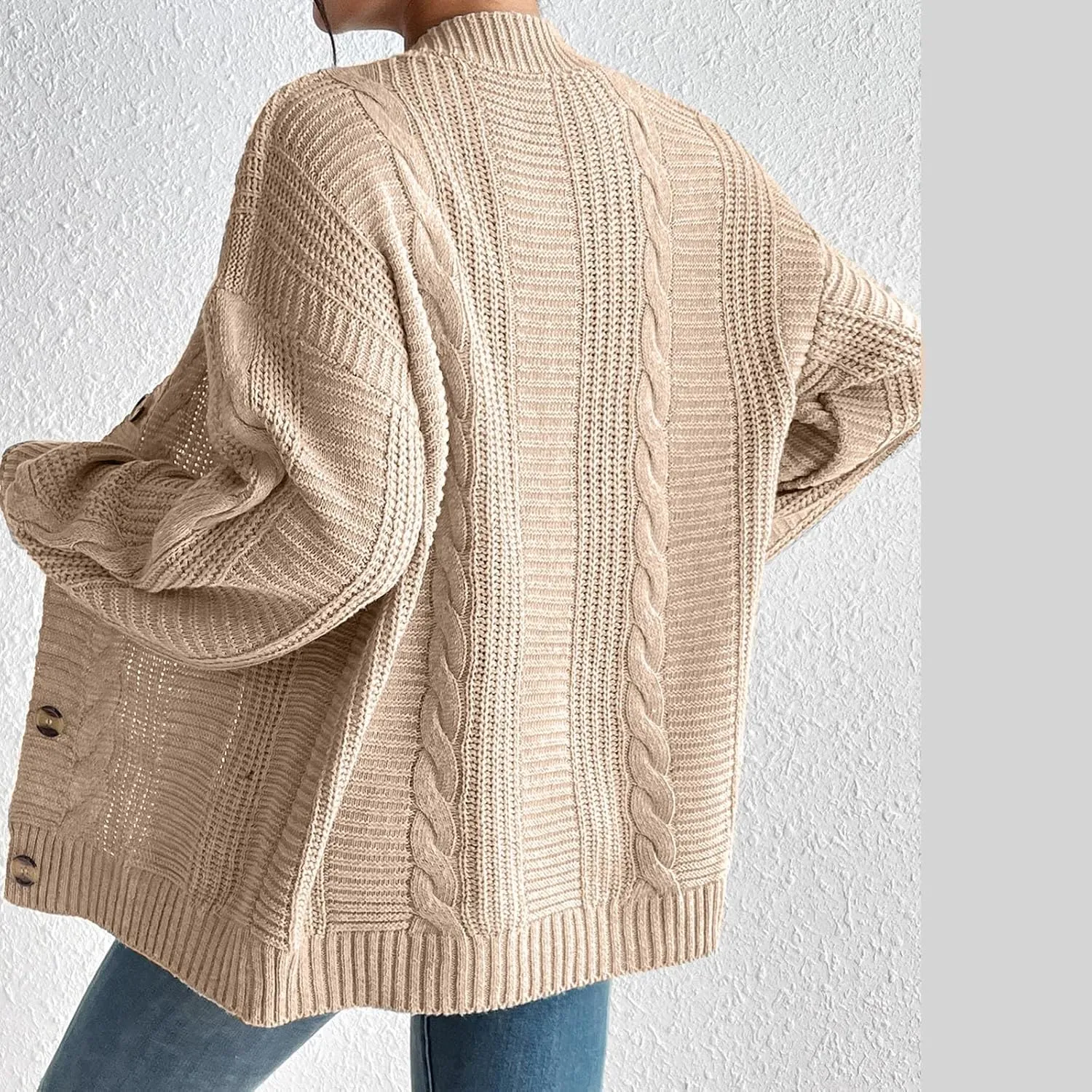 Fashion Winter Cardigans for Womens Long Sleeves Cable Knit Sweater Classic Button Up Cardigan Sweater Loose Fit Coat