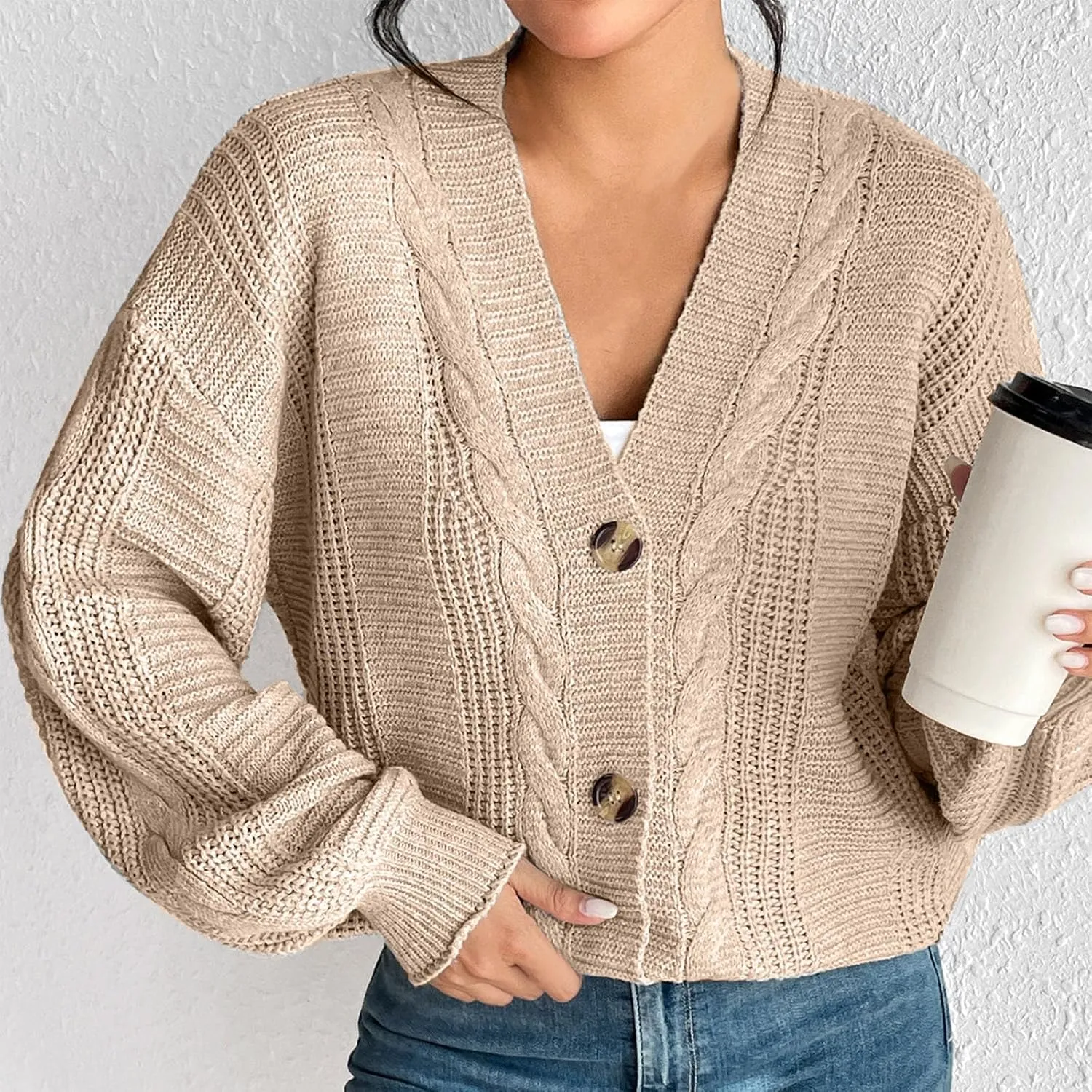Fashion Winter Cardigans for Womens Long Sleeves Cable Knit Sweater Classic Button Up Cardigan Sweater Loose Fit Coat