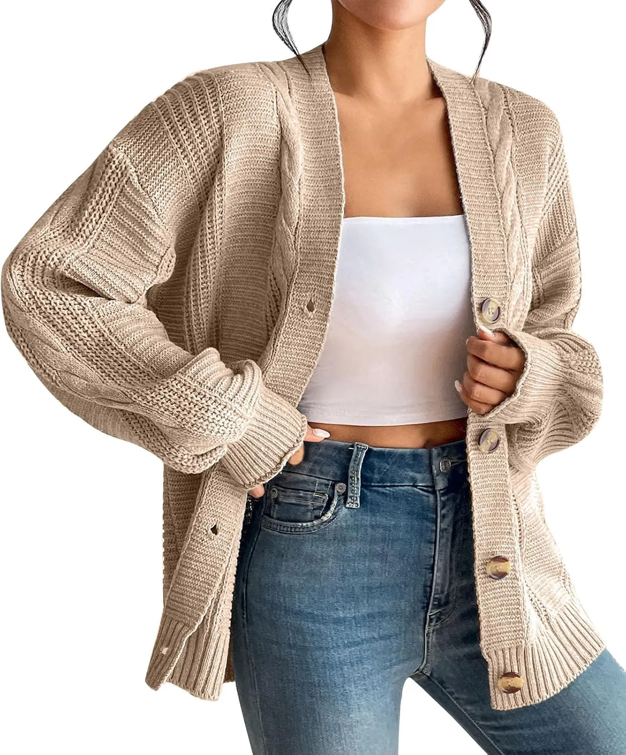 Fashion Winter Cardigans for Womens Long Sleeves Cable Knit Sweater Classic Button Up Cardigan Sweater Loose Fit Coat