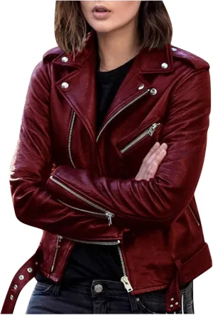 Faux Leather Jacket Women Fashion Motorcycle Jacket Lightweight Zip Up Cropped Jackets Slim Pu Coat Moto Biker Jacket
