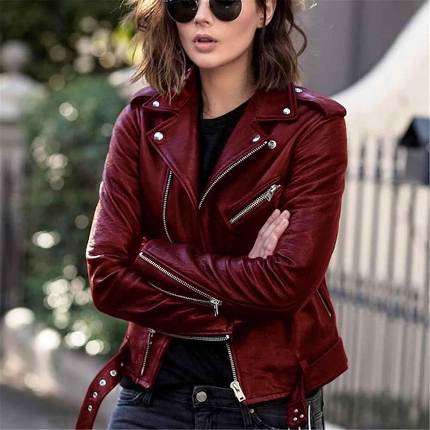 Faux Leather Jacket Women Fashion Motorcycle Jacket Lightweight Zip Up Cropped Jackets Slim Pu Coat Moto Biker Jacket