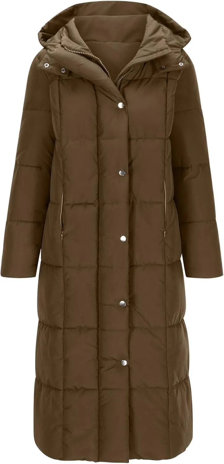 Finelylove Long Winter Coats for Women Trendy Quilted Down Puffer Jacket Waterproof Warm Thick Maxi Parka Coat with Hood