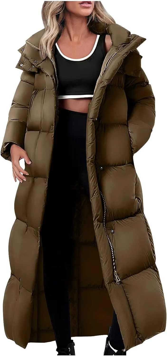 Finelylove Long Winter Coats for Women Trendy Quilted Down Puffer Jacket Waterproof Warm Thick Maxi Parka Coat with Hood
