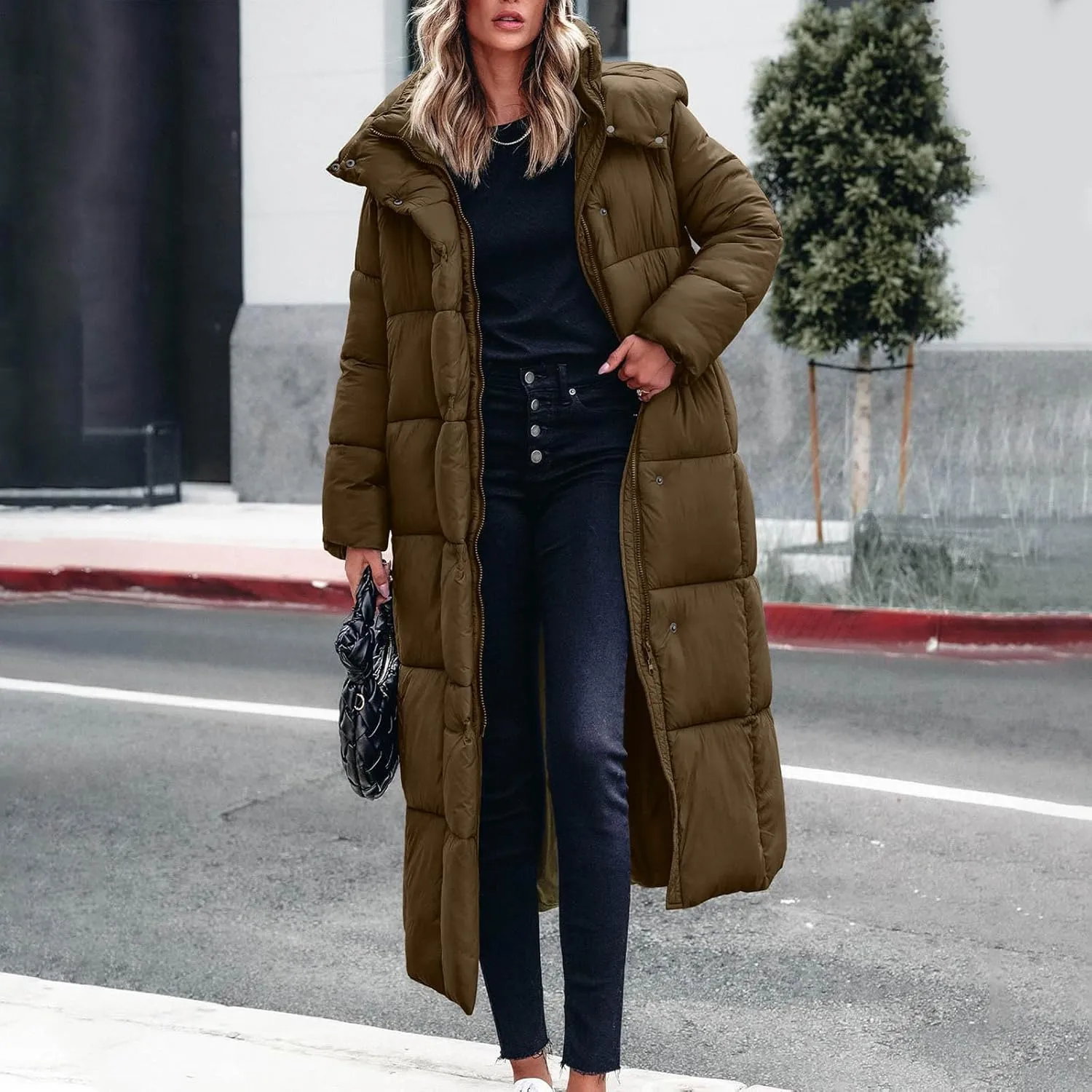 Finelylove Long Winter Coats for Women Trendy Quilted Down Puffer Jacket Waterproof Warm Thick Maxi Parka Coat with Hood