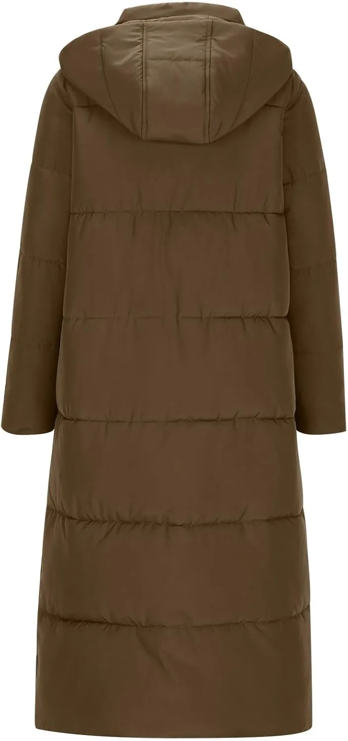 Finelylove Long Winter Coats for Women Trendy Quilted Down Puffer Jacket Waterproof Warm Thick Maxi Parka Coat with Hood