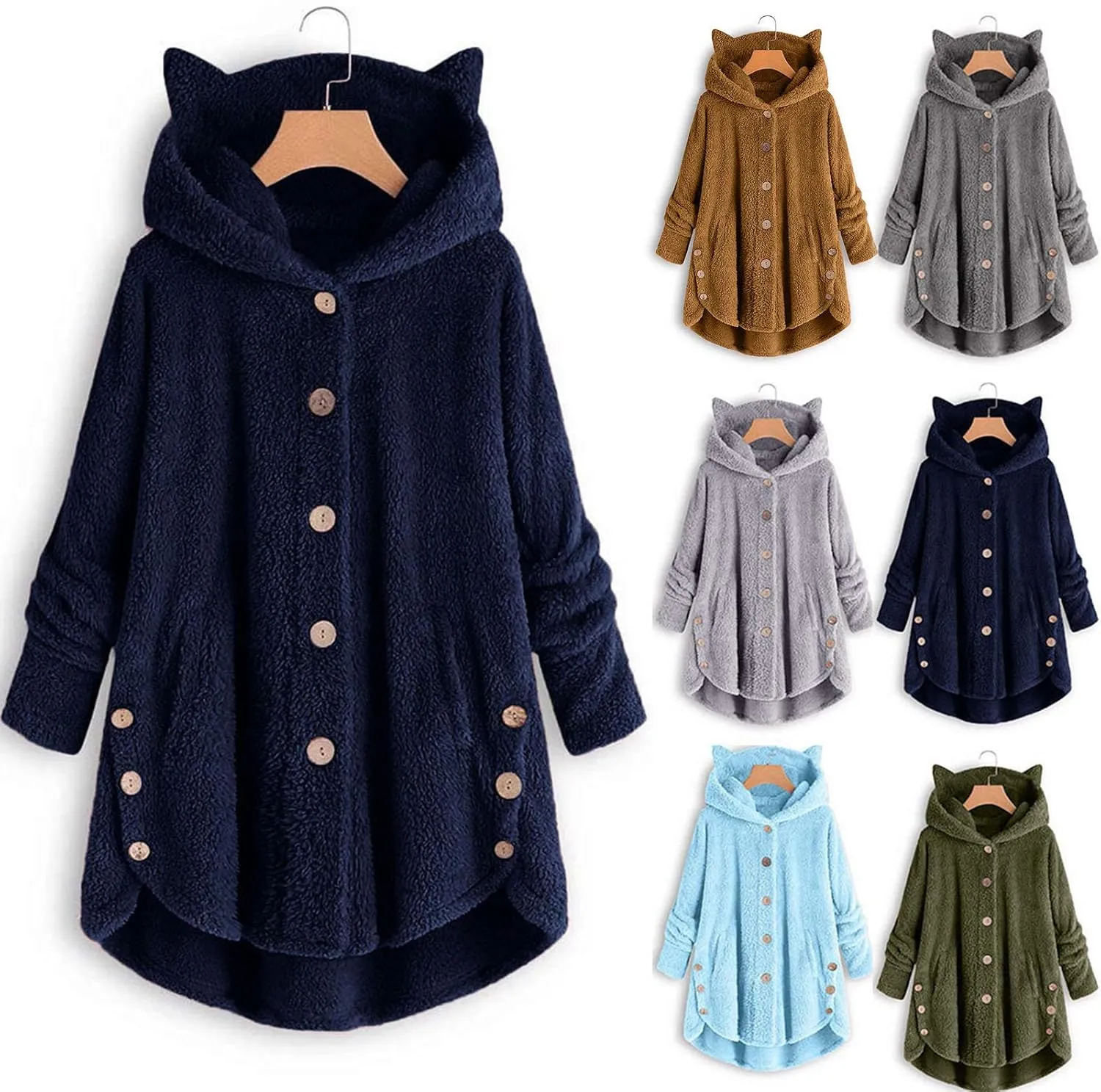 Fleece Jacket Women Pullover Hoodie Fleece Hooded Sweatshirt Cat Ear Pocket Solid Warm Winter Oversized Outwear