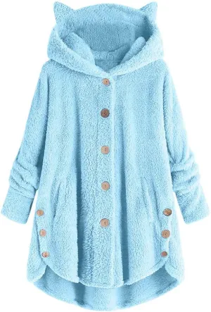 Fleece Jacket Women Pullover Hoodie Fleece Hooded Sweatshirt Cat Ear Pocket Solid Warm Winter Oversized Outwear
