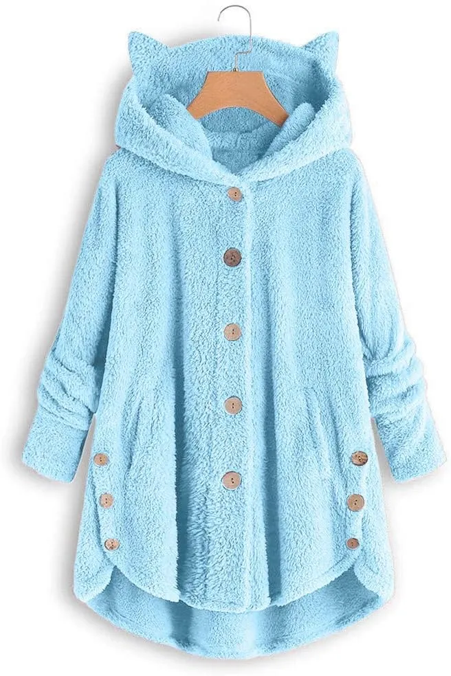 Fleece Jacket Women Pullover Hoodie Fleece Hooded Sweatshirt Cat Ear Pocket Solid Warm Winter Oversized Outwear