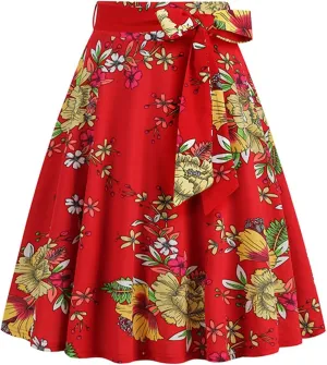 Floral Skirt Midi for Women Vintage Floral Print Bohemian Skirts Summer Causal Boho Waist Tie Pleated Ruffle Skirts