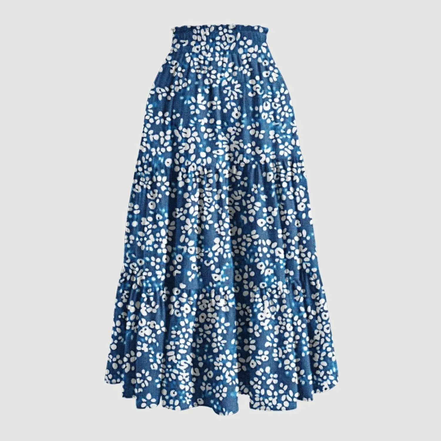Flowy Boho Midi Skirts for Women Casual Elastic High Waisted Floral Printed Pleated Tiered Wrap A Line Skirt