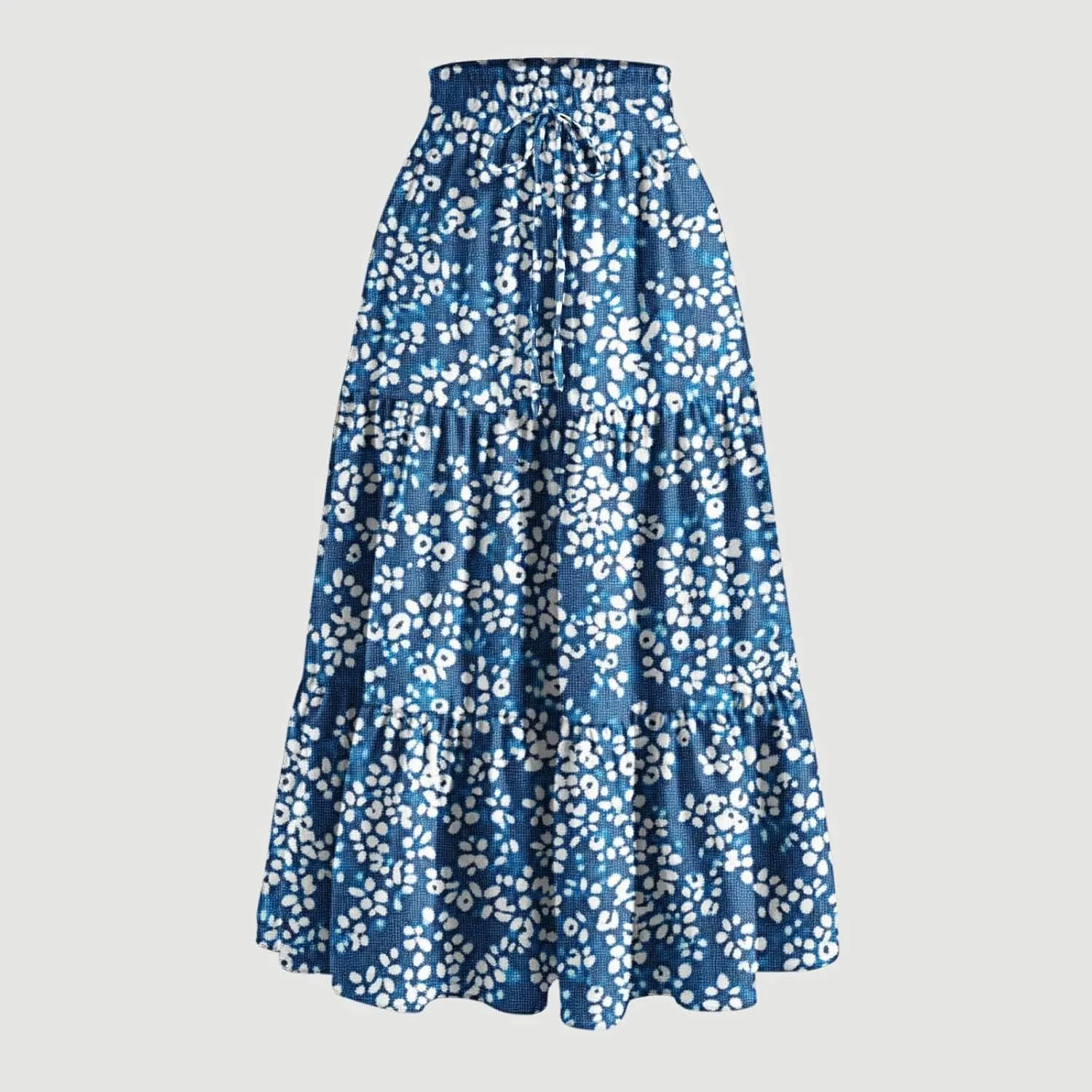 Flowy Boho Midi Skirts for Women Casual Elastic High Waisted Floral Printed Pleated Tiered Wrap A Line Skirt