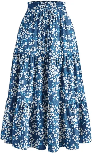 Flowy Boho Midi Skirts for Women Casual Elastic High Waisted Floral Printed Pleated Tiered Wrap A Line Skirt