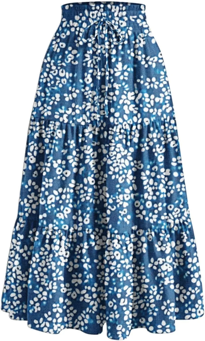 Flowy Boho Midi Skirts for Women Casual Elastic High Waisted Floral Printed Pleated Tiered Wrap A Line Skirt
