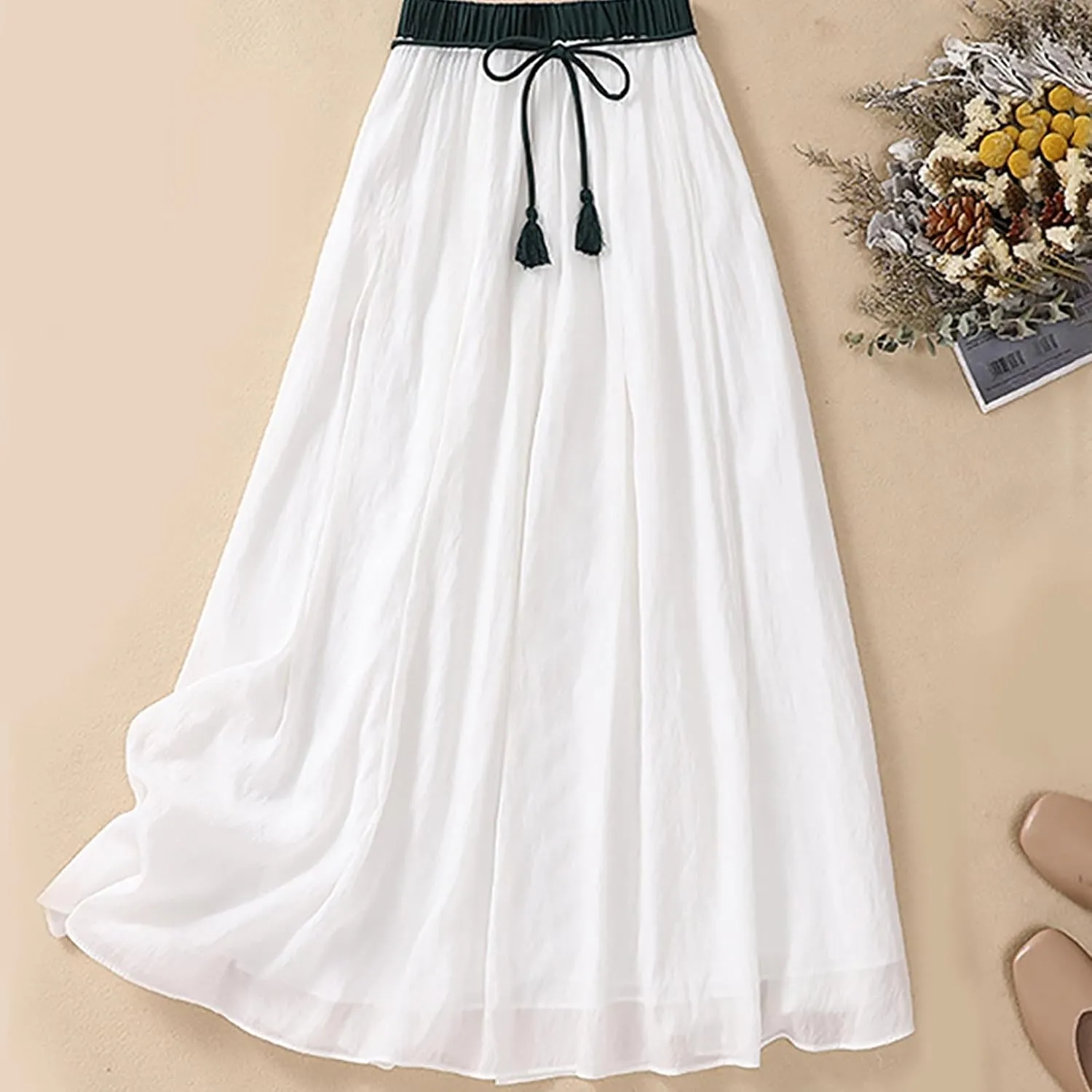 Flowy Midi Skirt for Women Elastic High Waisted Casual Tie-up Solid Color Summer A Line Waistband Skirts