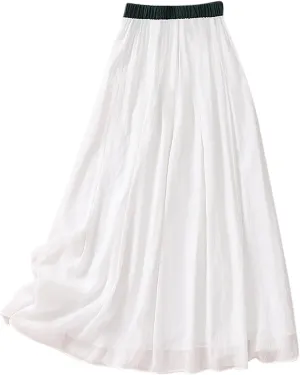 Flowy Midi Skirt for Women Elastic High Waisted Casual Tie-up Solid Color Summer A Line Waistband Skirts