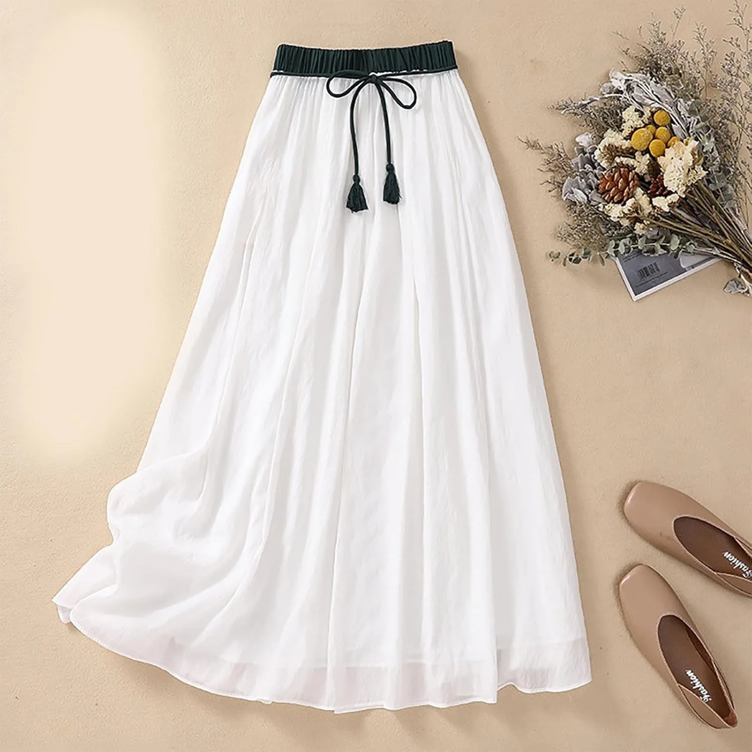 Flowy Midi Skirt for Women Elastic High Waisted Casual Tie-up Solid Color Summer A Line Waistband Skirts