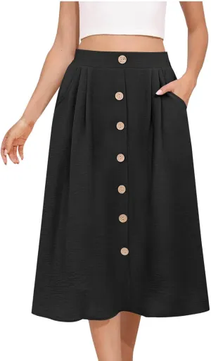 Flowy Midi Skirt for Women Summer Trendy Solid Color High Waist Casual Button Front Skirts with Pockets