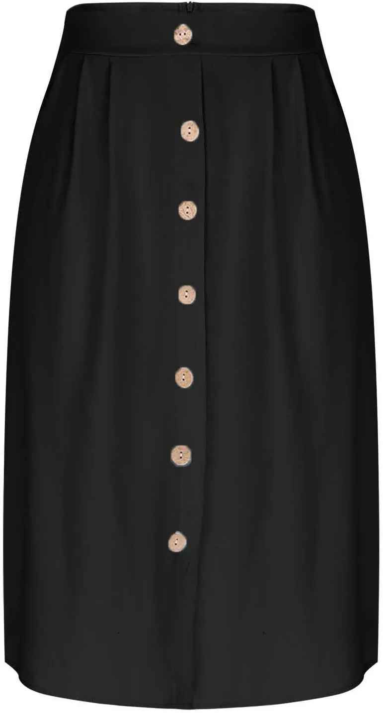 Flowy Midi Skirt for Women Summer Trendy Solid Color High Waist Casual Button Front Skirts with Pockets