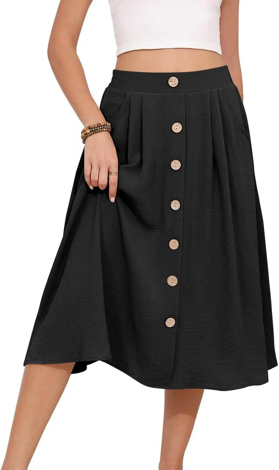 Flowy Midi Skirt for Women Summer Trendy Solid Color High Waist Casual Button Front Skirts with Pockets