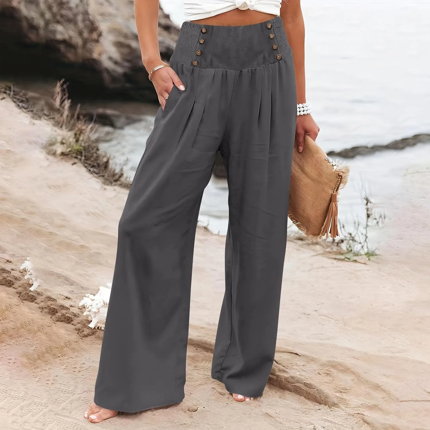 Flowy Pants for Women Wide Leg Beach Trousers Casual Summer Loose Fit Cotton Linen Yoga Palazzo Pants with Pockets