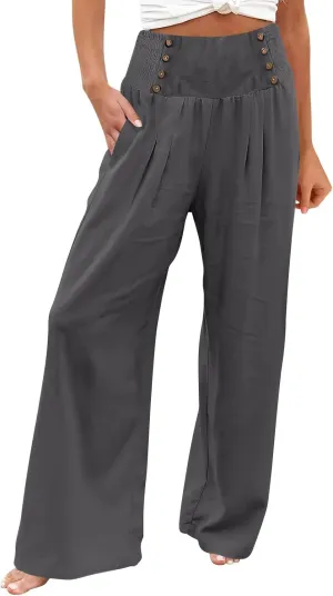 Flowy Pants for Women Wide Leg Beach Trousers Casual Summer Loose Fit Cotton Linen Yoga Palazzo Pants with Pockets