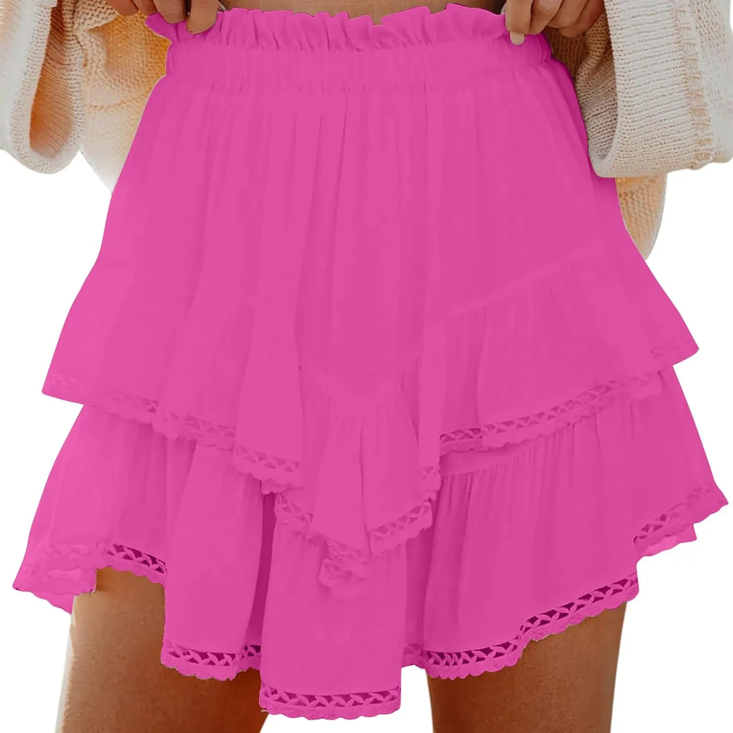 Flowy Summer Mini Skirt for Women Crochet Ruffle Elastic Waist Asymmetrical Hem Casual Short A Line Skirts