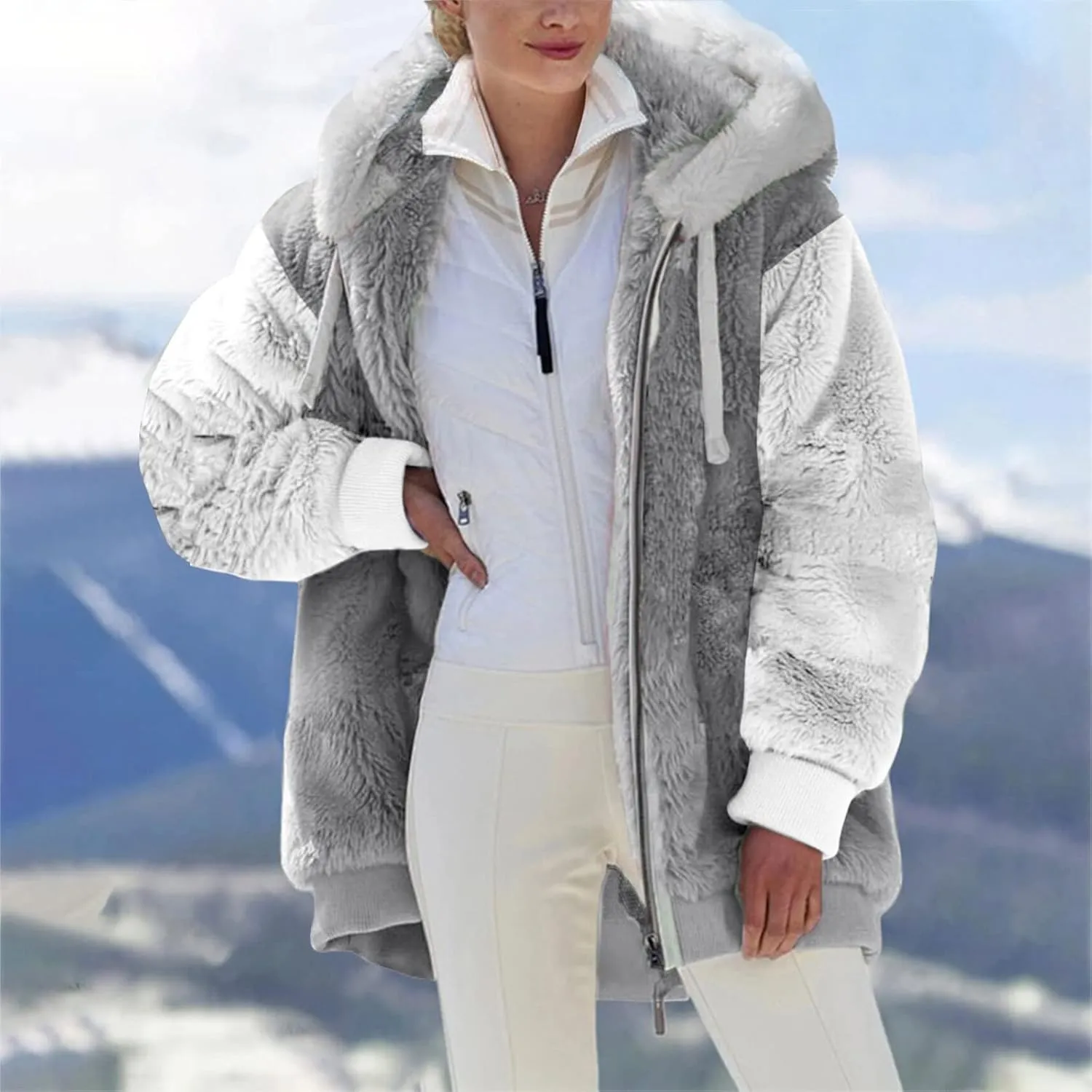 Fuzzy Fleece Jacket Women Plus Size Warm Winter Coats Fluffy Sherpa Hoodie Zip up Casual Cardigan Sweater Outerwear
