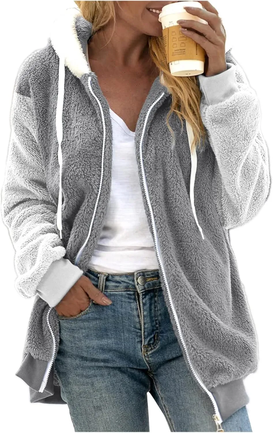 Fuzzy Fleece Jacket Women Plus Size Warm Winter Coats Fluffy Sherpa Hoodie Zip up Casual Cardigan Sweater Outerwear
