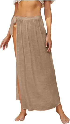 FZYLQY 2025 Womens Summer Skirts Summer Beach Skirt High Waisted Slit Mesh Long Maxi Skirt Casual Flowy Wrap Tie Waist Skirts