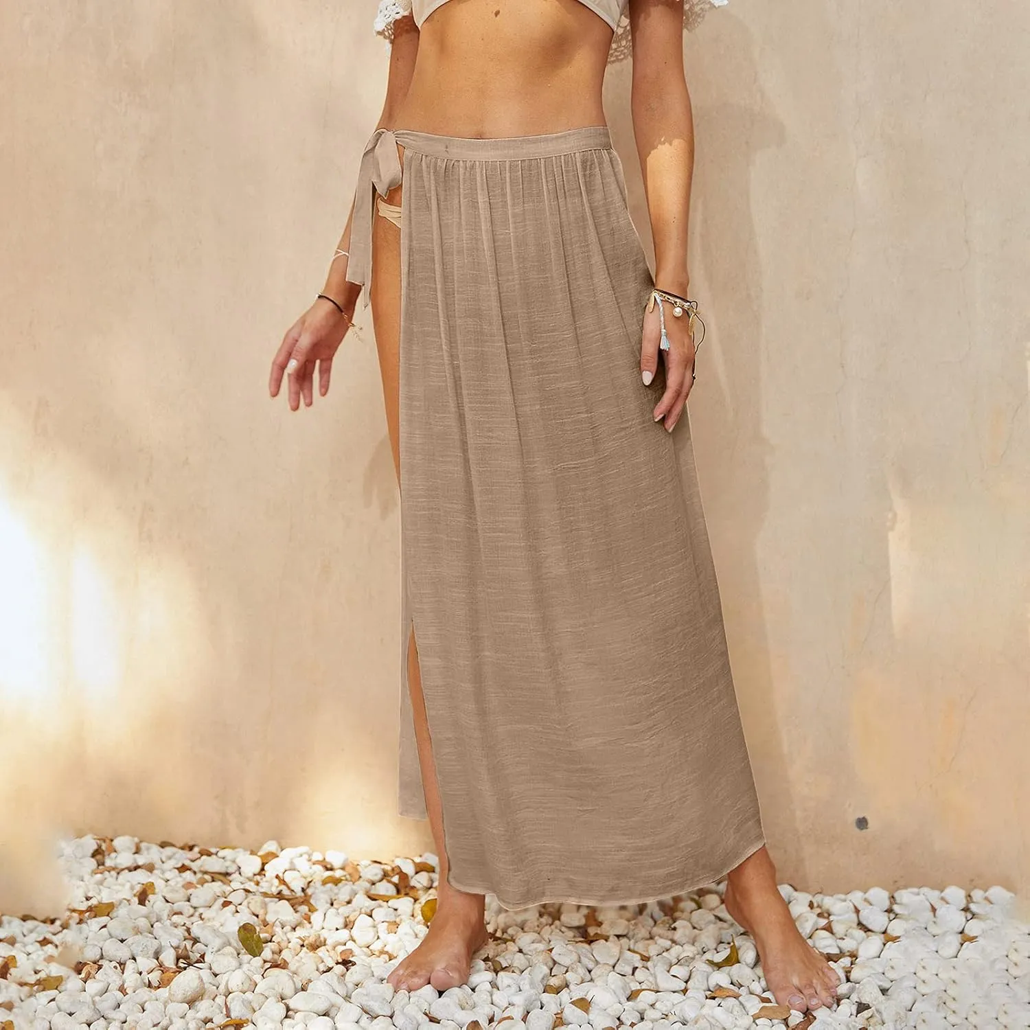 FZYLQY 2025 Womens Summer Skirts Summer Beach Skirt High Waisted Slit Mesh Long Maxi Skirt Casual Flowy Wrap Tie Waist Skirts