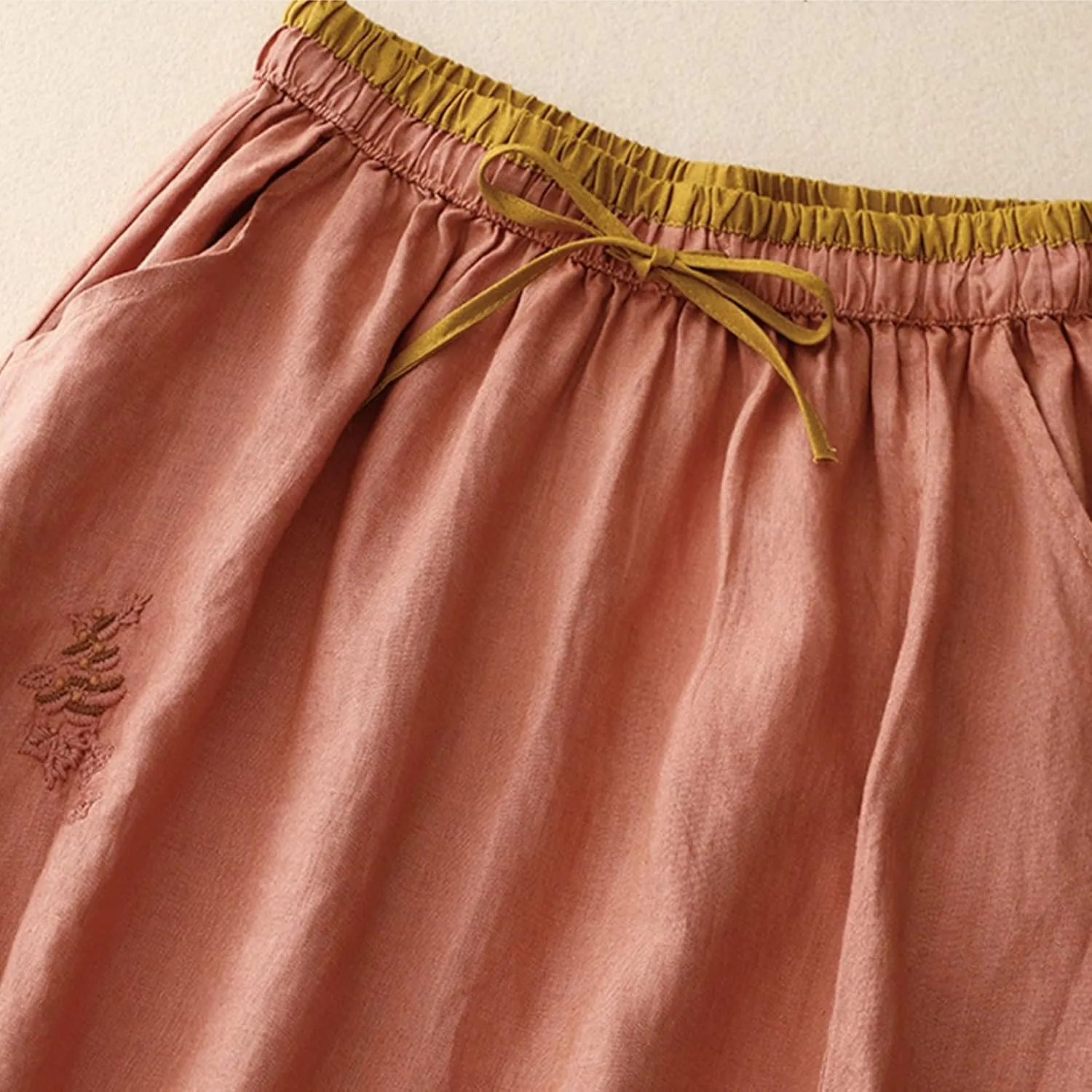 FZYLQY Embroidery Maxi Skirts for Women with Pockets Midi Length Long Skirt Casual Beach Party Holiday Cotton Linen Skirt