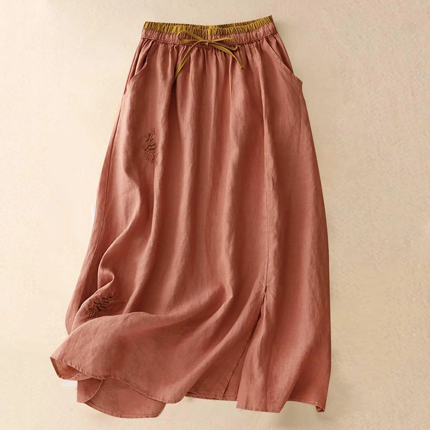 FZYLQY Embroidery Maxi Skirts for Women with Pockets Midi Length Long Skirt Casual Beach Party Holiday Cotton Linen Skirt