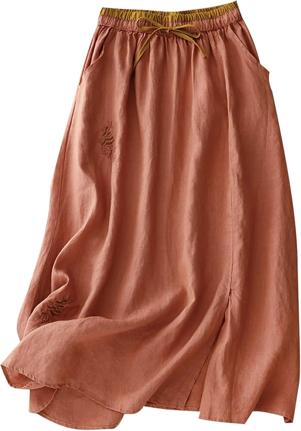 FZYLQY Embroidery Maxi Skirts for Women with Pockets Midi Length Long Skirt Casual Beach Party Holiday Cotton Linen Skirt