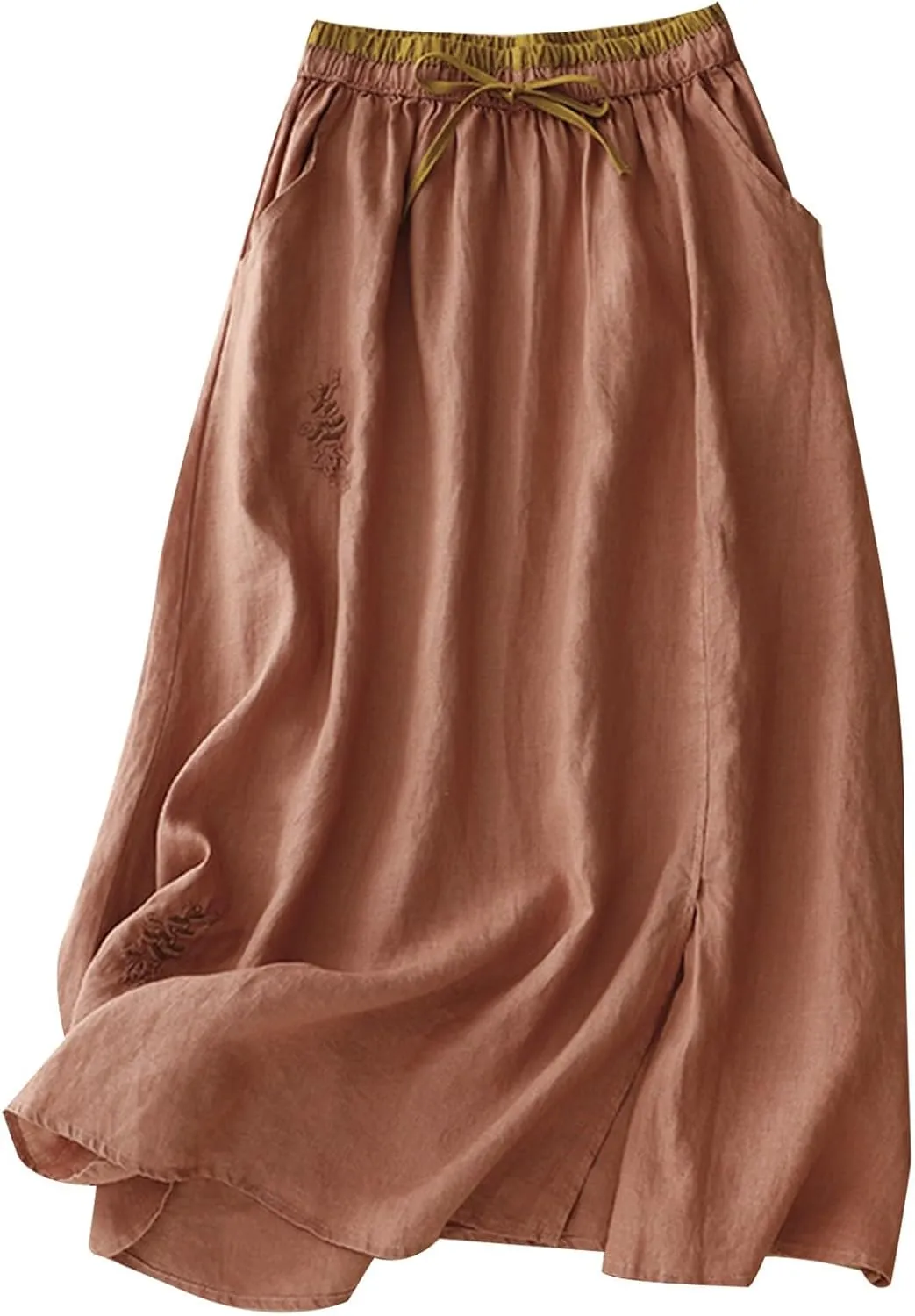 FZYLQY Embroidery Maxi Skirts for Women with Pockets Midi Length Long Skirt Casual Beach Party Holiday Cotton Linen Skirt