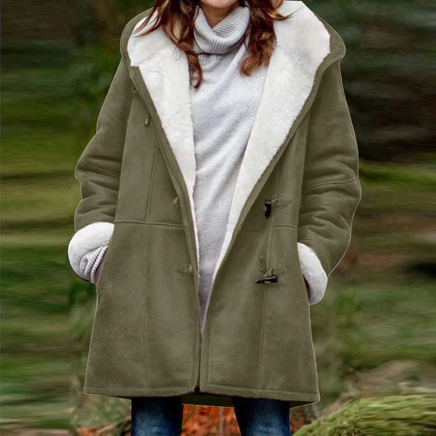 Girl Sherpa Fleece Jacket Winter Hoodies For Women Hooded Thicken Overcoat Parka Faux Suede Long Pea Coat Outerwear