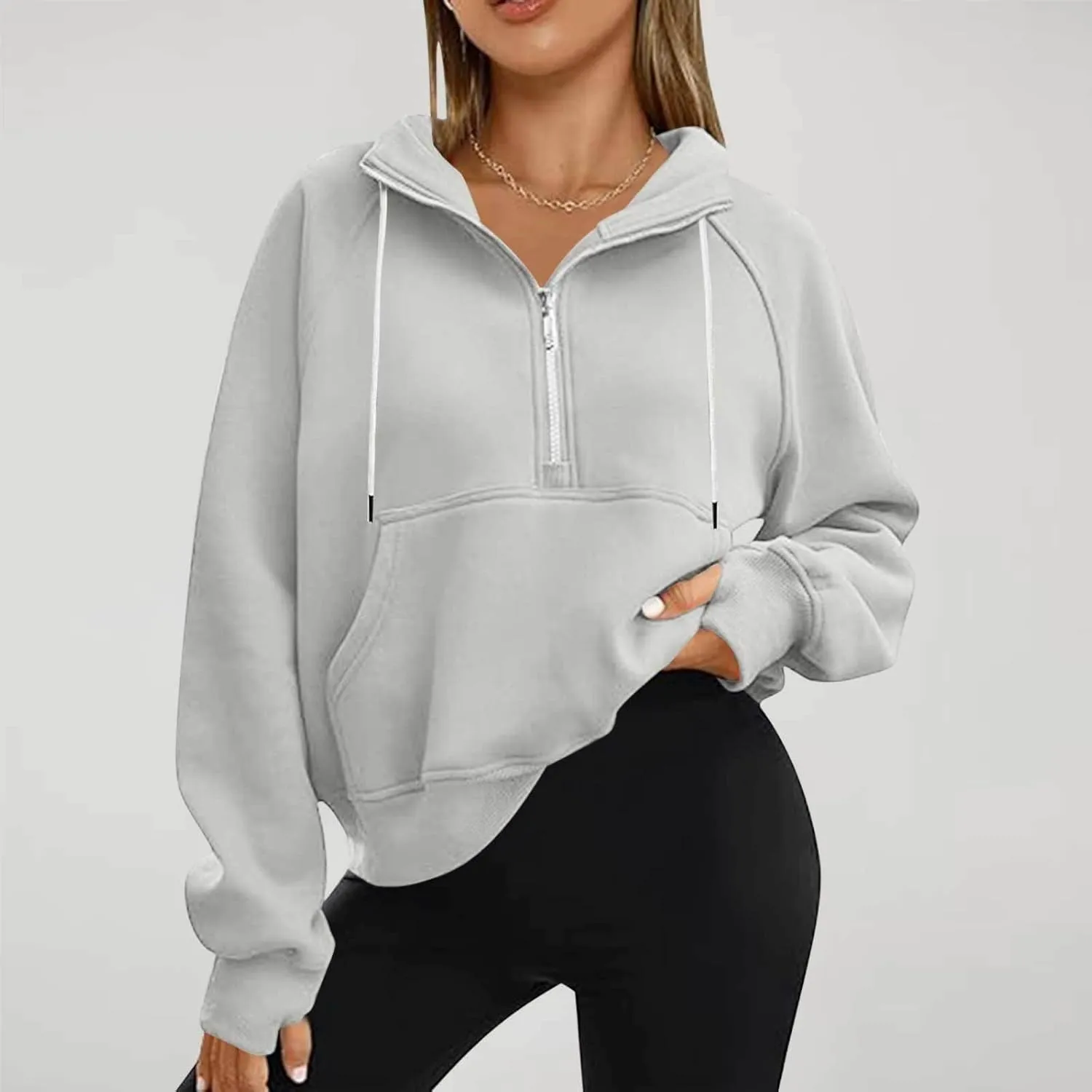 Half Zip Fleece Pullover Sweatshirts Women Fall Crop Sweatshirts No Hood Preppy Sweatshirt Wrap Sweaters with Pockets