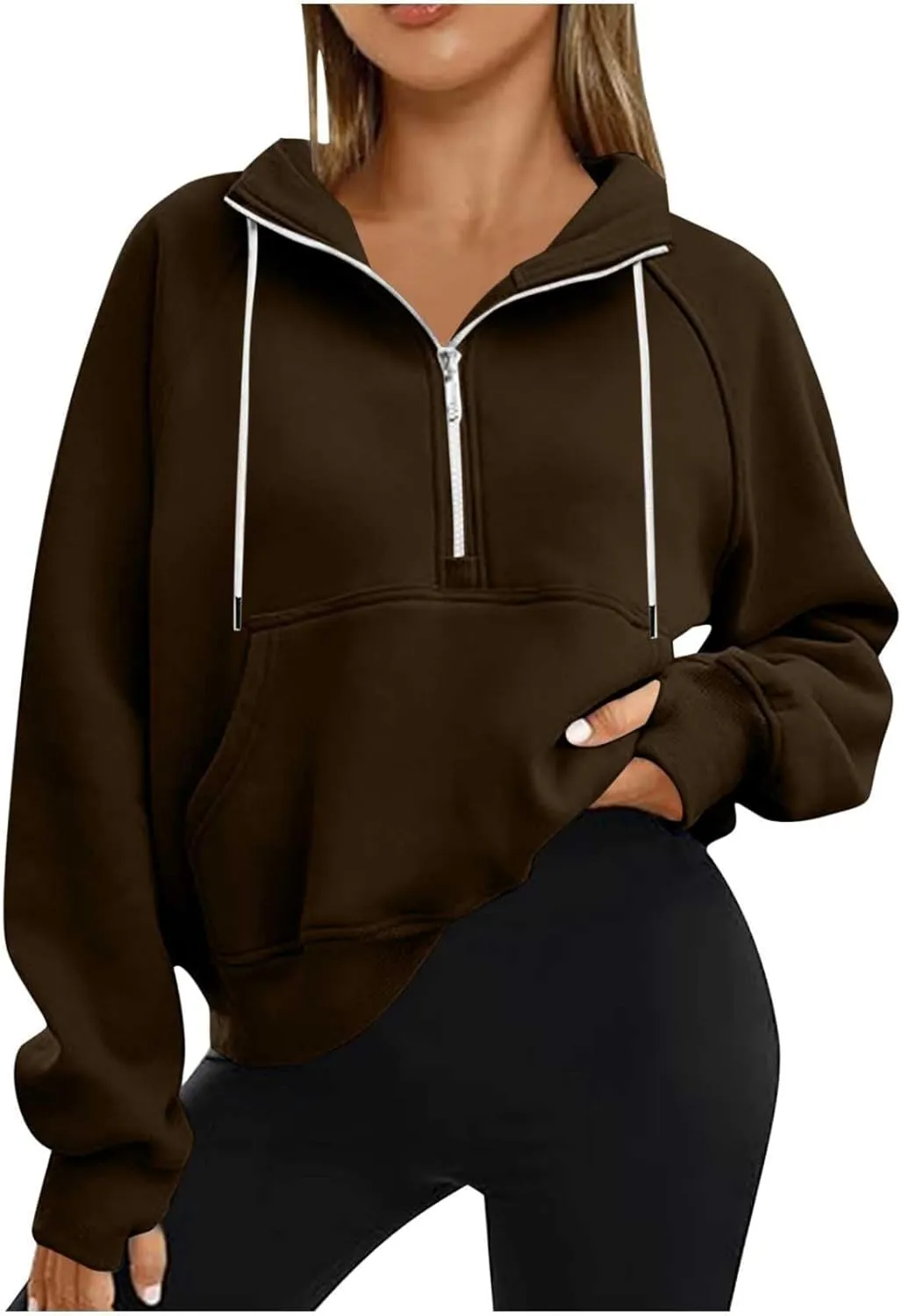 Half Zip Fleece Pullover Sweatshirts Women Fall Crop Sweatshirts No Hood Preppy Sweatshirt Wrap Sweaters with Pockets