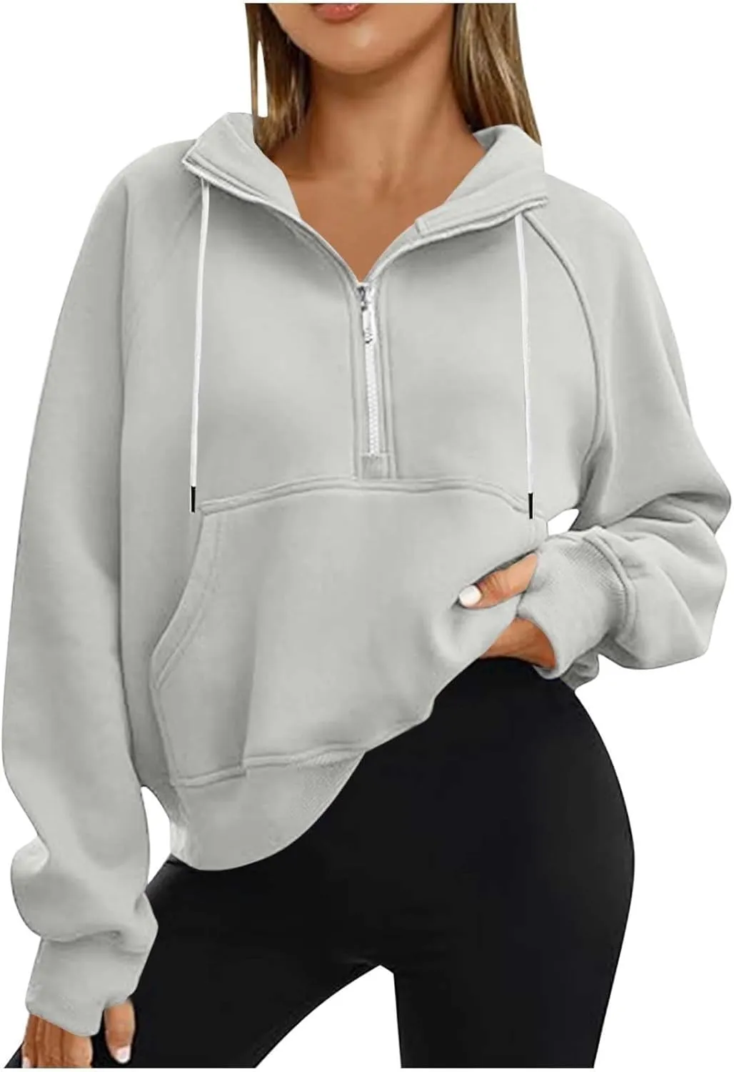 Half Zip Fleece Pullover Sweatshirts Women Fall Crop Sweatshirts No Hood Preppy Sweatshirt Wrap Sweaters with Pockets