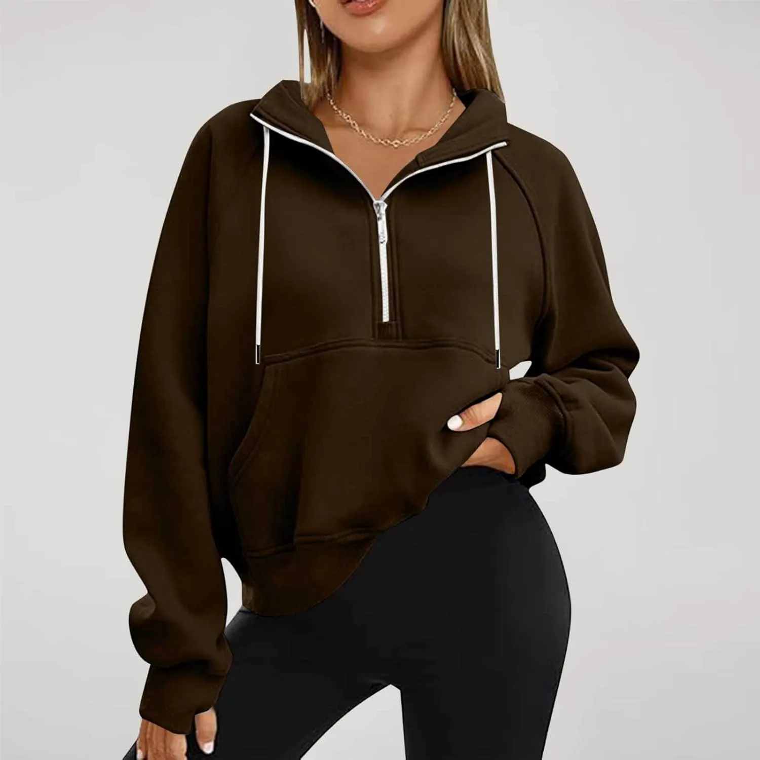 Half Zip Fleece Pullover Sweatshirts Women Fall Crop Sweatshirts No Hood Preppy Sweatshirt Wrap Sweaters with Pockets