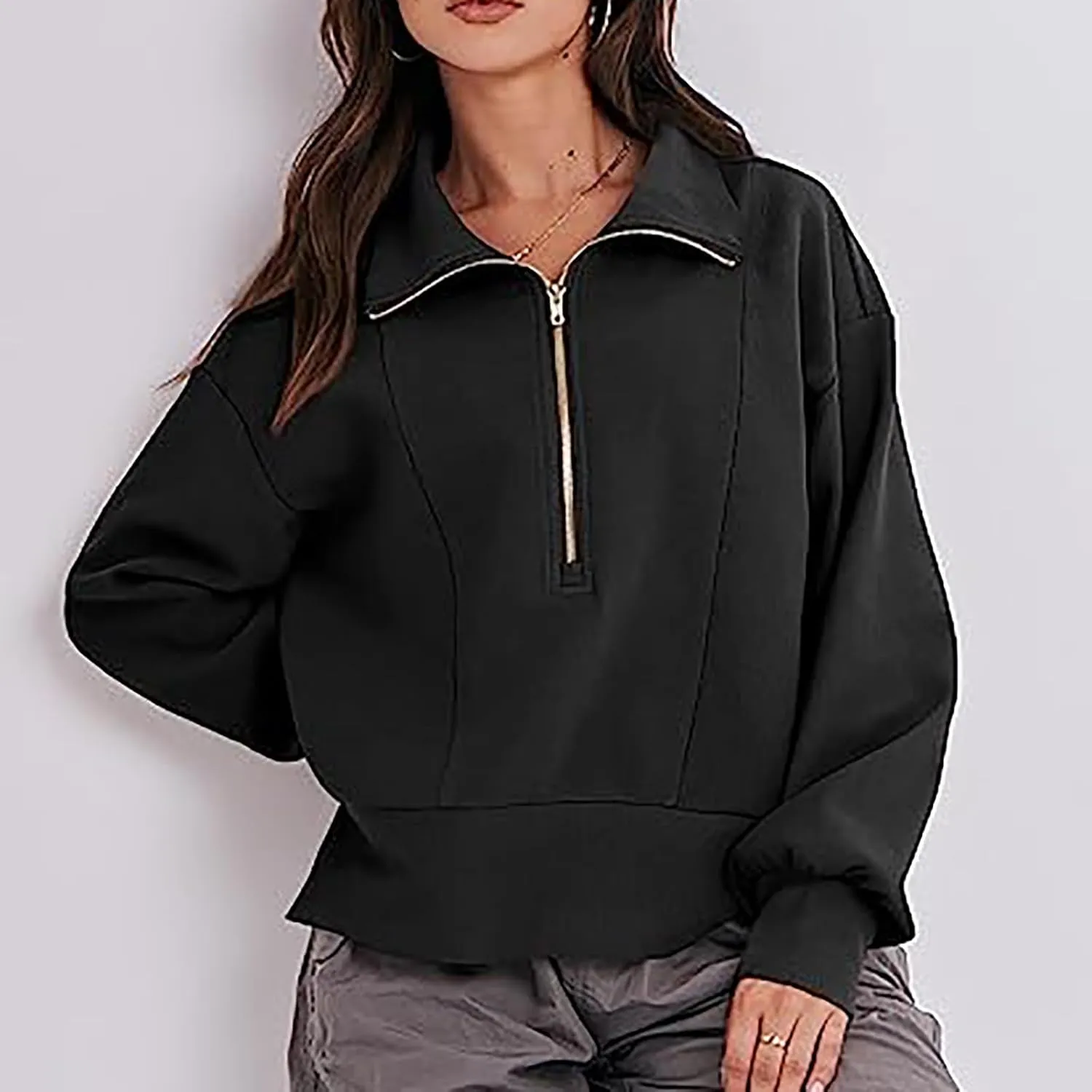 Half Zip Sweatshirts Women Loose Fit Oversized Long Sleeve Cropped Hoodie Crop Pullover Tops Fall Outfits y2k Clothes