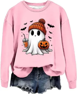 Halloween Pumpkin Sweatshirts Casual Hoodless Sweatshirt Funny Letter Print Long Sleeve Shirt Halloween Sweatshirts